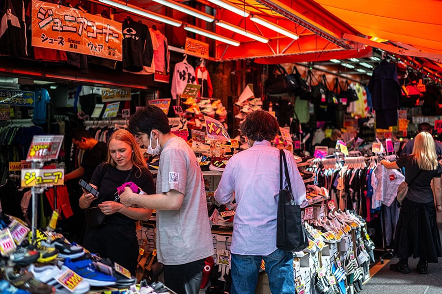 The Ameya-Yokocho in Ueno, one of the busiest open-air markets in Tokyo during the golden week holiday on April 30, 2024. Image credit: Photography Philip FONG / AFP