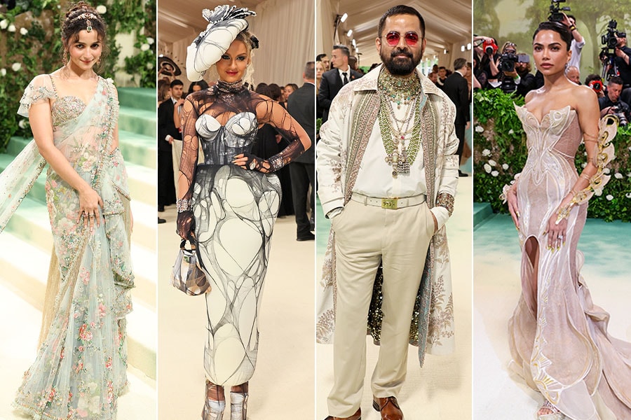 (L-R) Alia Bhatt, Natasha Poonawalla, Sabyasachi Mukherjee, and Mona Patel at Met Gala 2024. Images: Getty Images and AFP