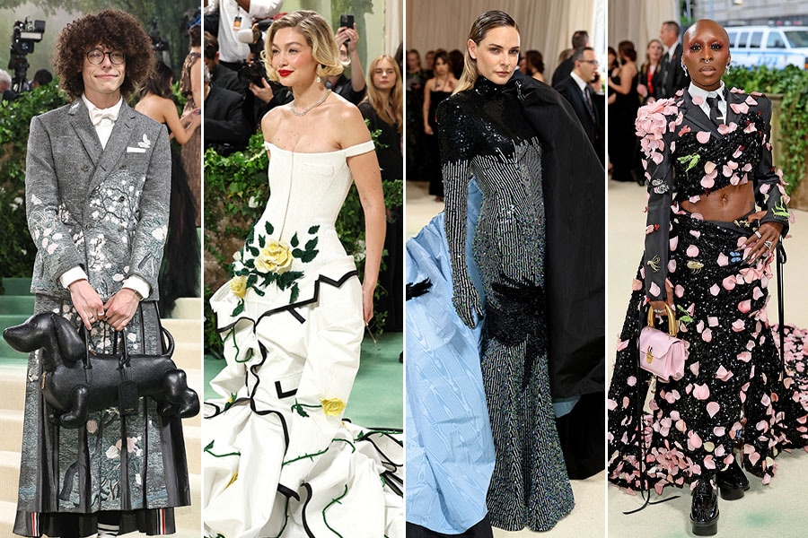 (L-R) Reece Feldman, Gigi Hadid, Rebecca Ferguson, and Cynthia Erivo, all wearing Thom Browne creations. Images: AFP