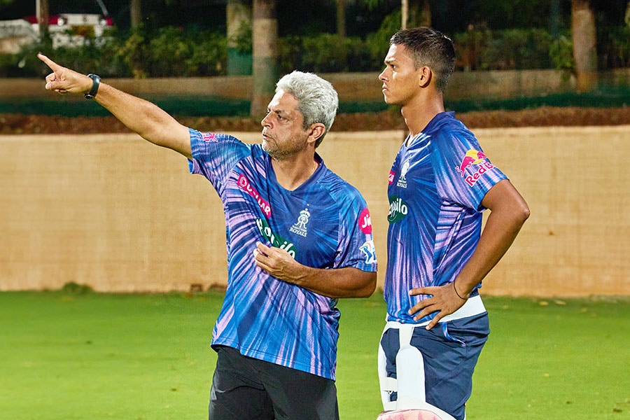 Zubin Bharucha (left) with Yashasvi Jaiswal (right) during IPL 2024