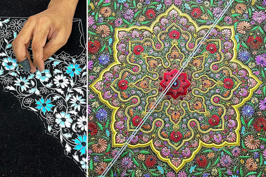 Reshamdozi and Sheesh Mahal techniques flourish in the hands of talented embroiderers at Sham’s Zardozi workshop in Agra.
Image: Veidehi Gite