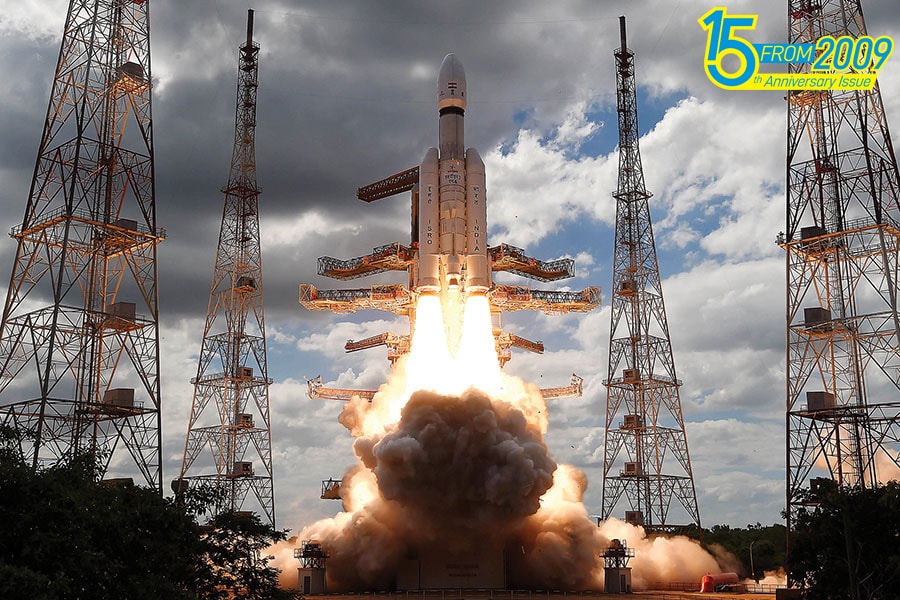 Isro’s Launch Vehicle Mark-III (LVM3) M4 rocket carrying Chandrayaan-3 lifts off from the launch pad at Satish Dhawan Space Centre, in Sriharikota, Andhra Pradesh, on July 14, 2023
Image: Courtesy ISRO