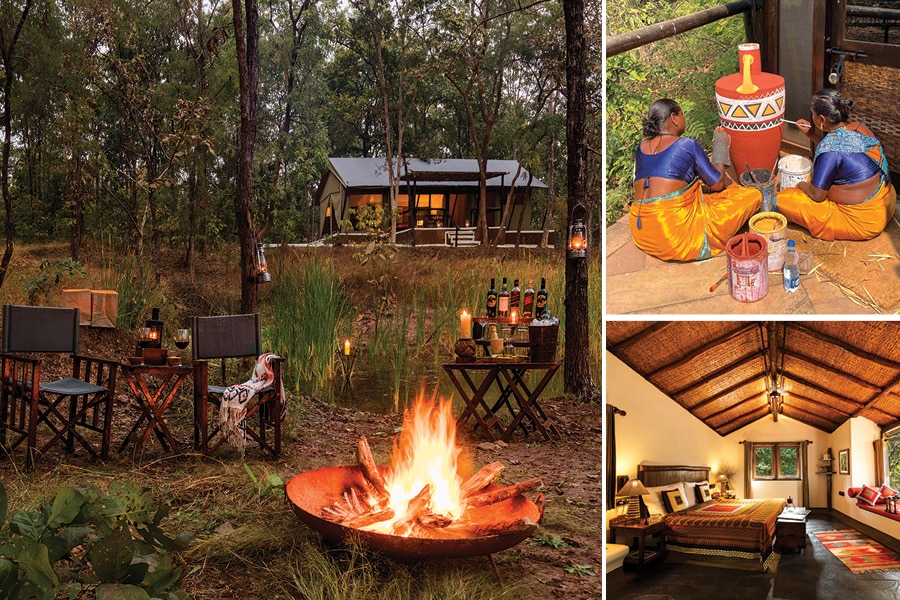 Clockwise from above left: Tribal women work their art on a pitcher; a campfire outdoors at the Reni Pani Jungle Lodge; a view of the earthy, spacious room at the lodge