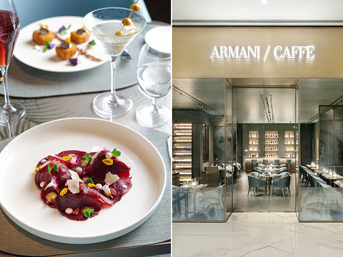 Armani Caffe at the Jio World Plaza in Mumbai with its wine selection on display. The Beetroot Carpaccio on the menu.