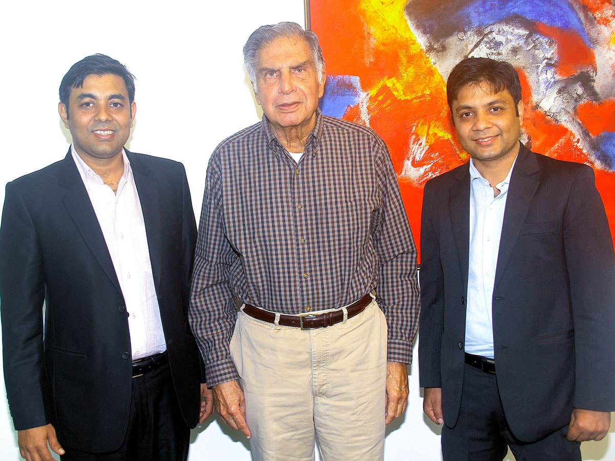 Car Dekho co-founders Amit and Anurag Jain with Ratan Tata