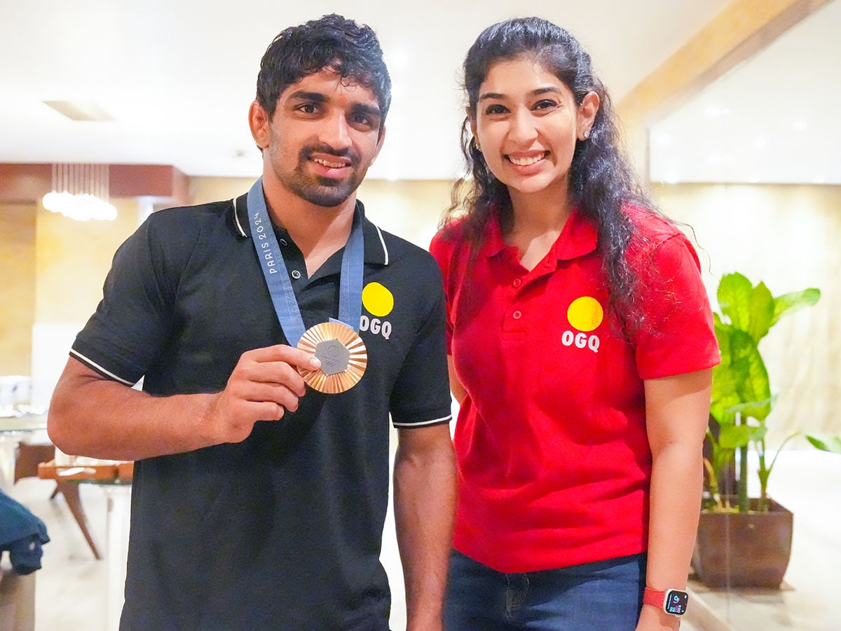 Aman Sehrawat, an Olympian freestyle wrestler and Neha Aggarwal