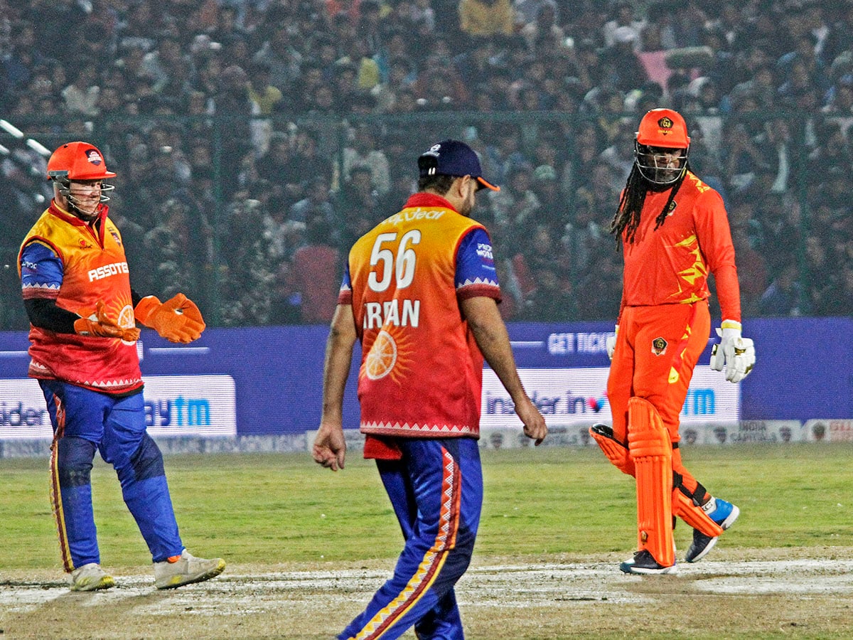 Chris Gayle of Gujarat Greats is pictured during the Legends League Cricket T20 match between Gujarat Greats and Konark Suryas Odisha at the Bakshi Stadium in Srinagar, Kashmir, on October 11, 2024. The tournament brings back cricketing action after 38 years in Kashmir, as Srinagar only ever hosts two international matches, first in 1983 between India and West Indies and another in 1986 between India and Australia.
Image: Faisal Khan/NurPhoto via Getty Images 