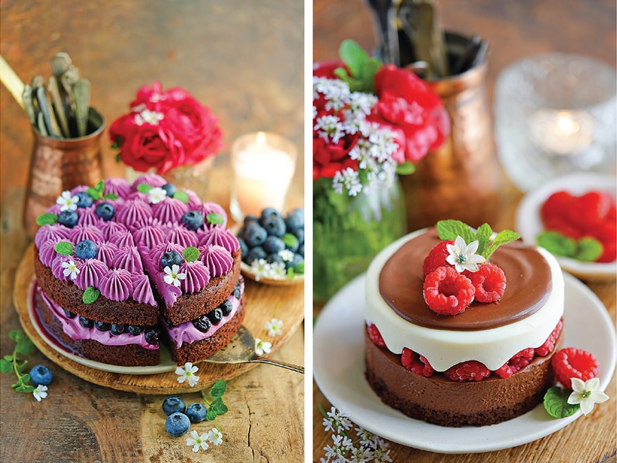 An eggless chocolate blueberry layer cake (left), and an eggless raspberry chocolate cake, styled and photographed by Rajpal