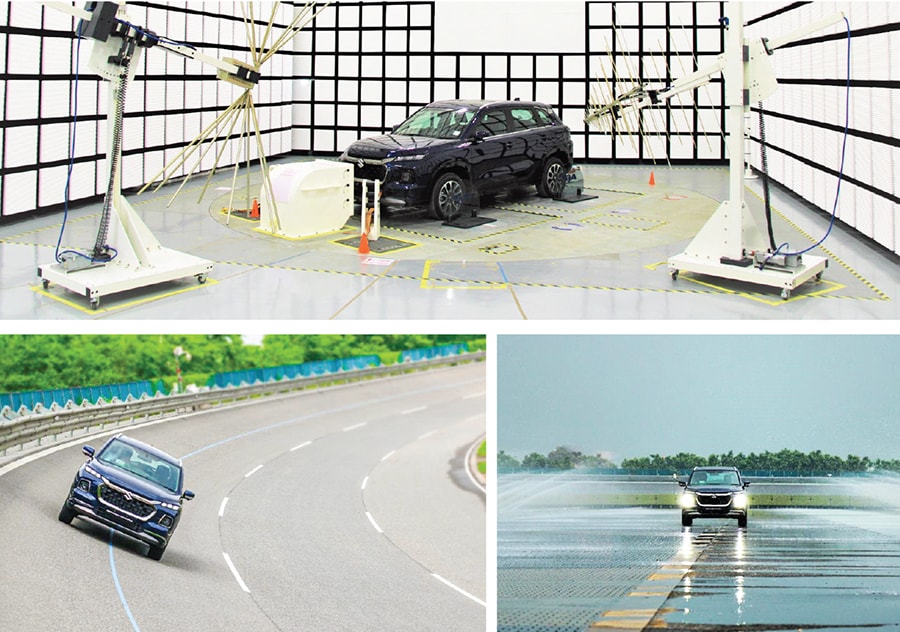 (Anti-clockwise from top) Electromagnetic interference compatibility tests being conducted on Maruti vehicles, Maruti Suzuki tests its vehicles for high-speed banking, and on low-friction tracks