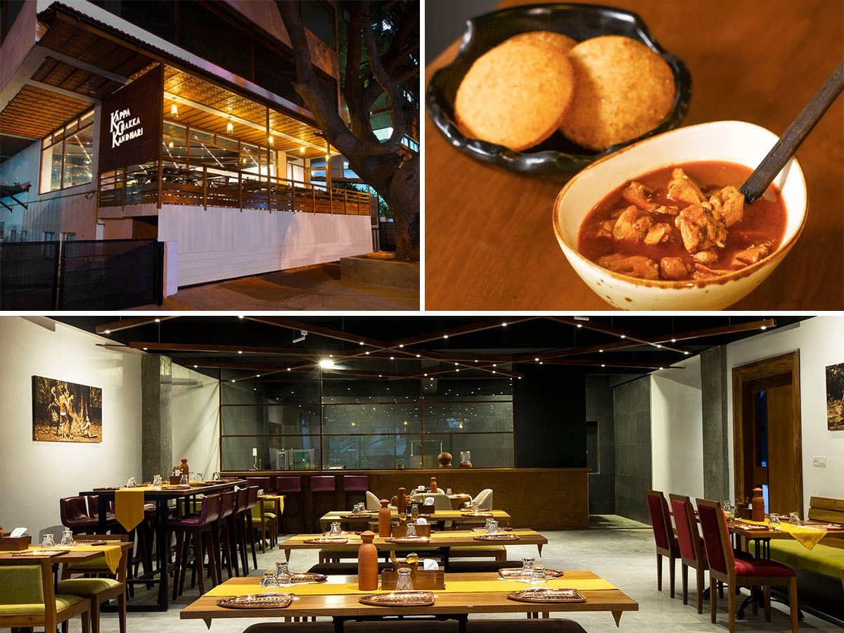 (Clockwise from above ) Interior and exterior view of Kappa Chakka Kandhari; Ney pathiri, a fried rice bread with curry