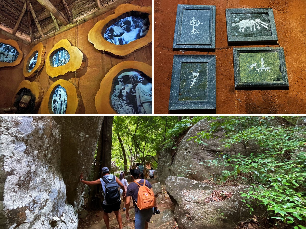 (Clockwise from above)  A walk to the Vedda caves; a set of black-and-white photographs of Veddas taken by Richard Spittel, a Ceylonese physician in early 1900s;  Ancient symbols of the Veddas
Image : Veidehi Gite