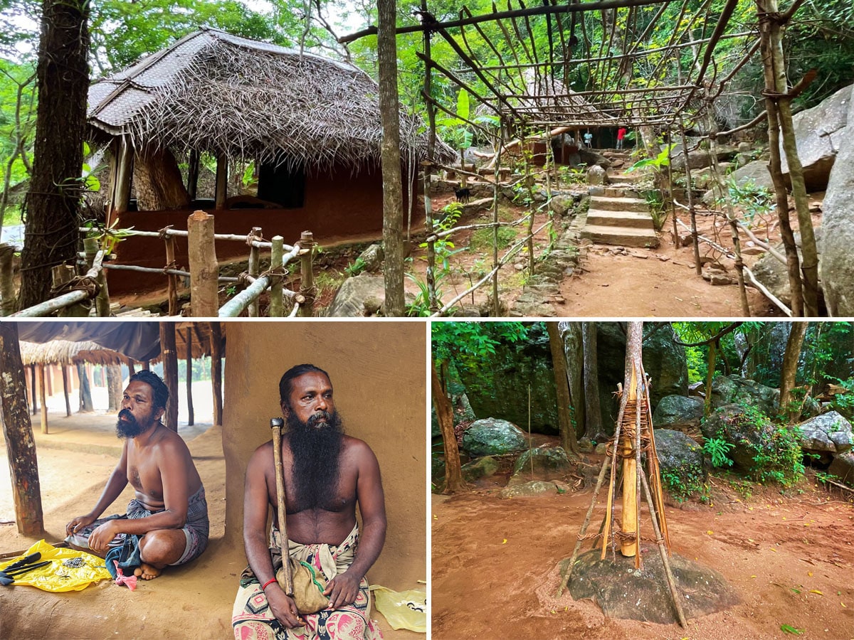 (clockwise from top)  Veddas' homes set against the backdrop of Bingoda mountains; prayer space of the Veddas; Veddas at their habitat.
Image : Veidehi Gite, Shutterstock