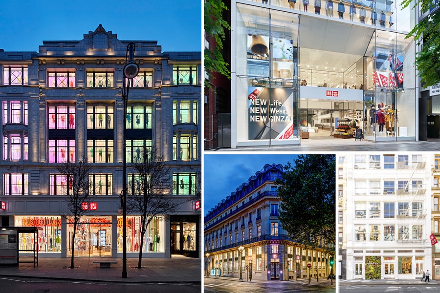 From L to R: UNIQLO'S UK Oxford Street Global Flagship store; Japan Ginza Global Flagship store; France Paris Global Flagship store; and USA Soho New York store Global Flagship store.