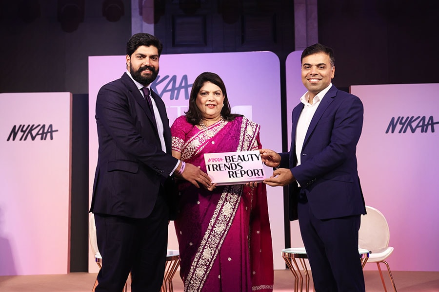 From left to right - Anchit Nayar, Executive Director and CEO, Nykaa Beauty, Falguni Nayar, Co-founder and CEO, Nykaa and Anil Kumar, Founder and CEO, Redseer Strategy Consultants unveil the first of its kind “Nykaa Beauty Trends Report” at the Nykaa Best in Beauty Summit