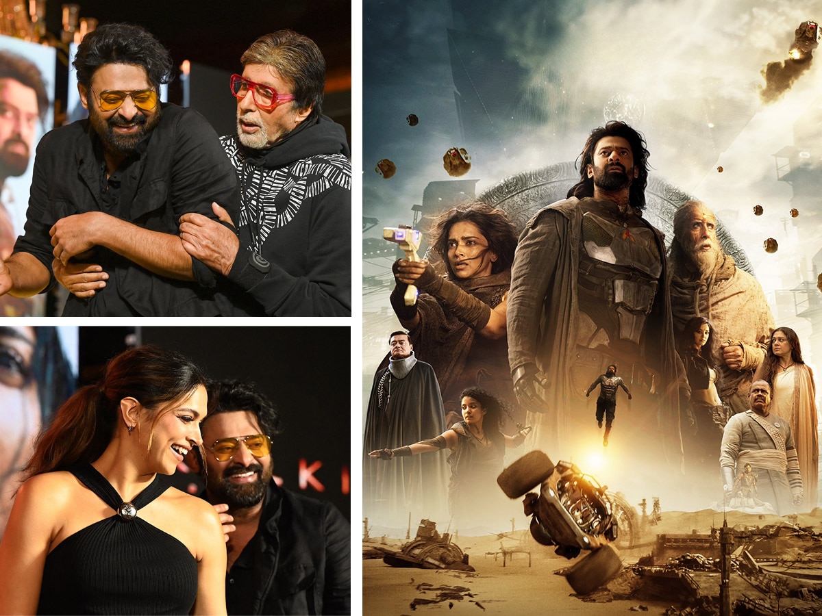 Opening image (clockwise from right) A poster of 'Kalki 2898 AD'. Actors Deepika Padukone, Prabhas and Amitabh Bacchan at a promotional event of their science fiction dystopian film ‘Kalki 2898 AD’ in Mumbai on June 19, 2024. Image: Sujit Jaiswal / AFP)