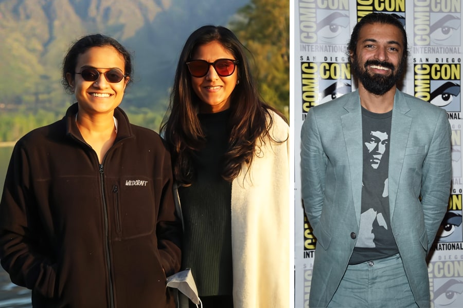 Producers Priyanka Dutt and Swapna Dutt, and director Nag Ashwin at the Project-K press junket unveiling the movie 'Kalki 2898 AD' at San Diego Comic-Con International in San Diego, California. Image: Chris Delmas / AFP