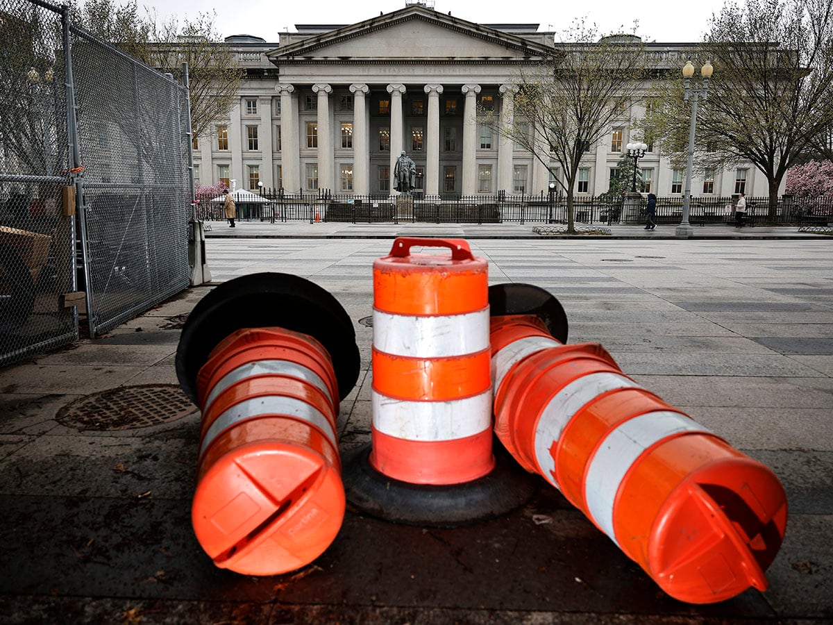 The exterior of the U.S. Department of Treasury building is seen as they joined other government financial institutions to bail out Silicon Valley Bank's account holders after it collapsed on March 13, 2023 in Washington, DC. Image: Chip Somodevilla/Getty Images