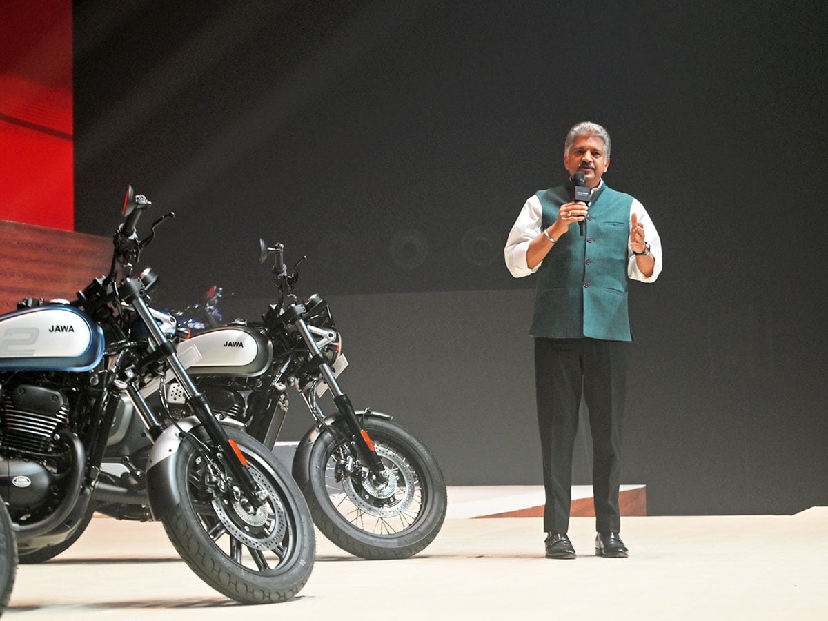 “When you ride the Jawa, you're telling people that you refuse to be suppressed, you refuse to be oppressed,”, Anand Mahindra, chairman of Mahindra & Mahindra Ltd., said during a launch event of the Yezdi Jawa Motorcycles Jawa 42 FJ motorbike in Mumbai, India, on Tuesday, Sept. 3, 2024. Image: Indranil Aditya/Bloomberg via Getty Images