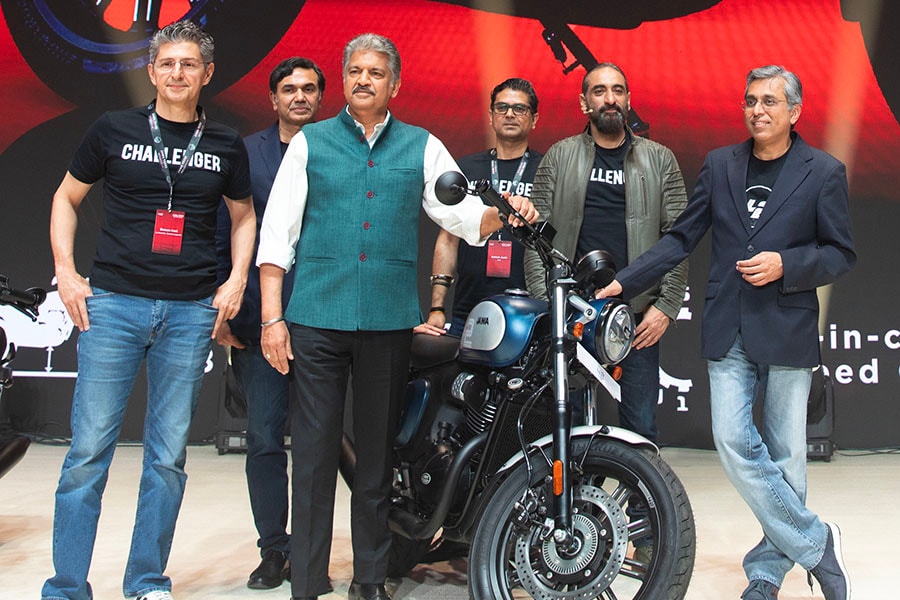 From left: Boman Irani of Rustomjee Group, Rajesh Jejurikar, executive director, Mahindra & Mahindra, Anand Mahindra, Ashish Joshi, CEO of Classic a legends, Anupam Thareja, Founder and Managing Director at Phi Capital and Anish Shah, Group CEO, Mahindra Group. Image: Courtesy Mahindra Group