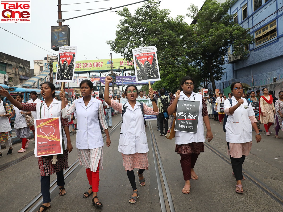 Medical students and doctors shout slogans during a protest rally against the rape and murder of a PGT woman doctor at Government-run R G Kar Medical College & Hospital in Kolkata, India, on September 7, 2024. Image: Rupak De Chowdhuri/NurPhoto via Getty Images