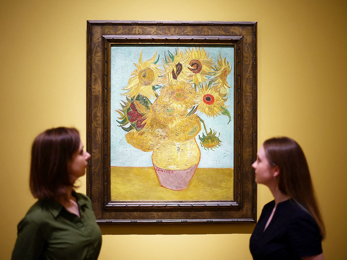 Van Gogh 'Sunflowers' brought together in London show. Image credit: HENRY NICHOLLS / AFP