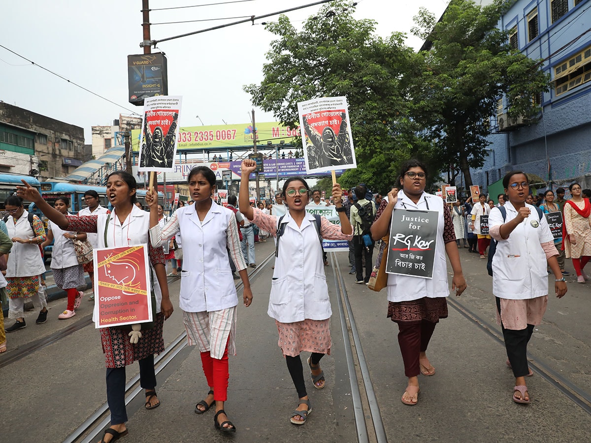 Medical students and doctors shout slogans during a protest rally against the rape and murder of a PGT woman doctor at Government-run R G Kar Medical College & Hospital in Kolkata, India, on September 7, 2024. Image: Rupak De Chowdhuri/NurPhoto via Getty Images