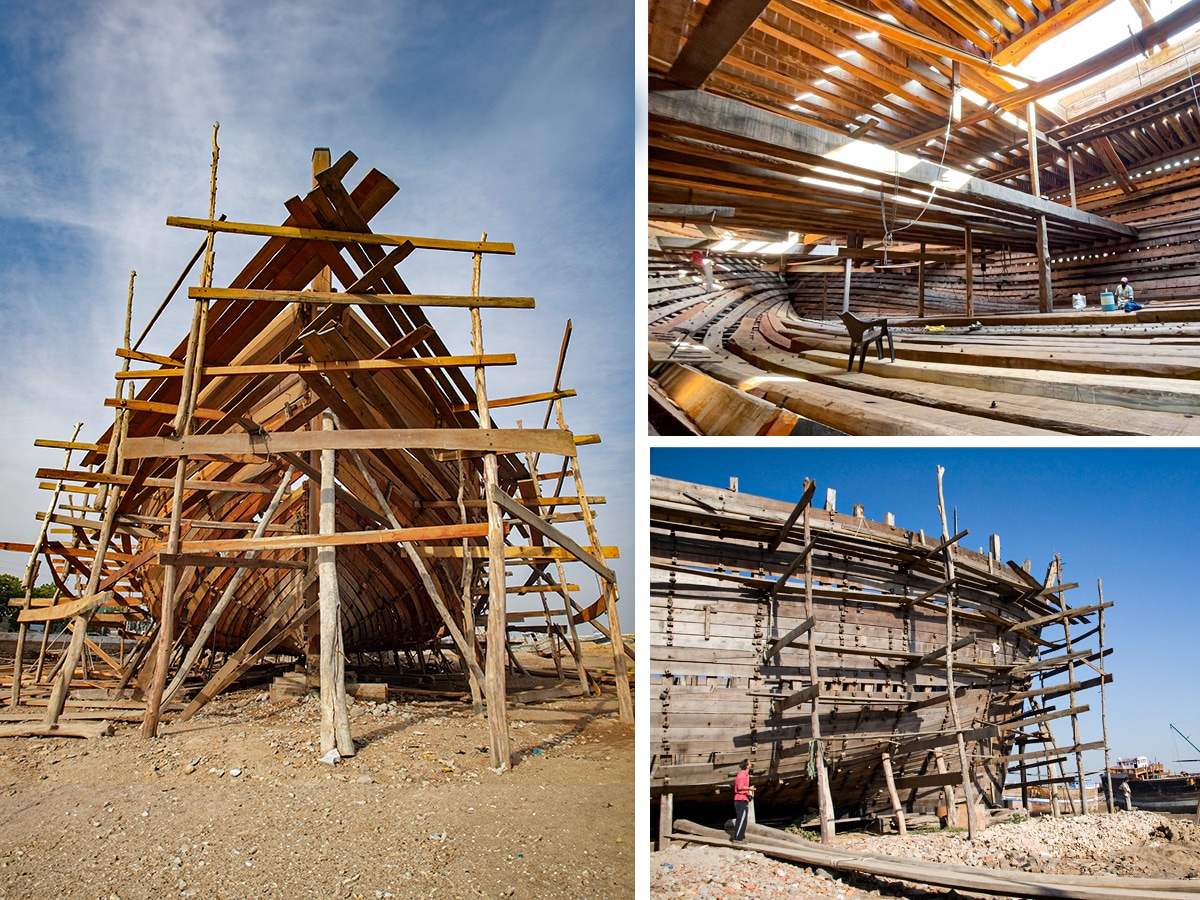  Mandvi preserves its heritage of wooden shipbuilding, with smaller vessels weighing around 2.5 tonnes and larger ones ranging from 1,500 to 3,500 tonnes.
Image: ( clockwise from above left ) Shutterstock, Veidehi Gite, Getty Images