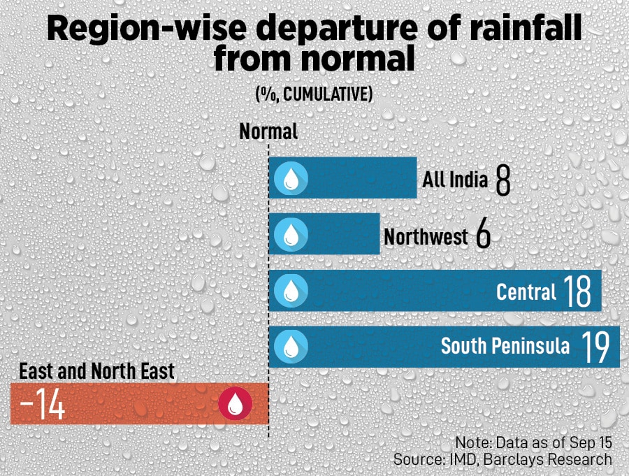 Kharif sowing patterns were similar as towards the end of August, given that sowing is complete in 100 percent of normal area.
Image: Narinder Nanu / AFP