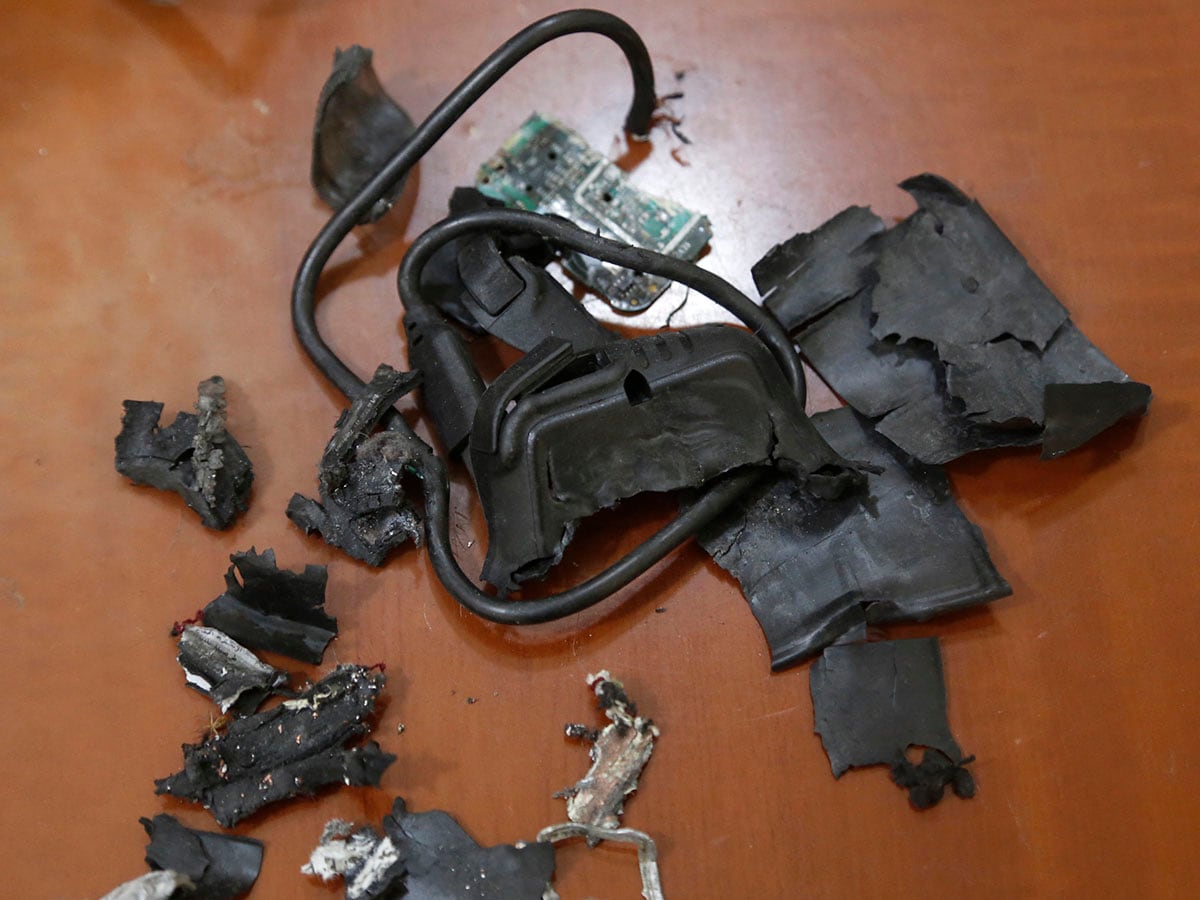 A photo taken on September 18, 2024, in Beirut's southern suburbs shows the remains of exploded pagers on display at an undisclosed location. Image: AFP