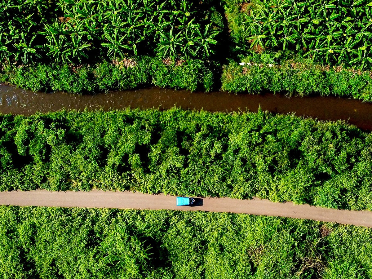 A drone shot of Viknesh in his EV auto in the Dindigul district, Tamil Nadu. 