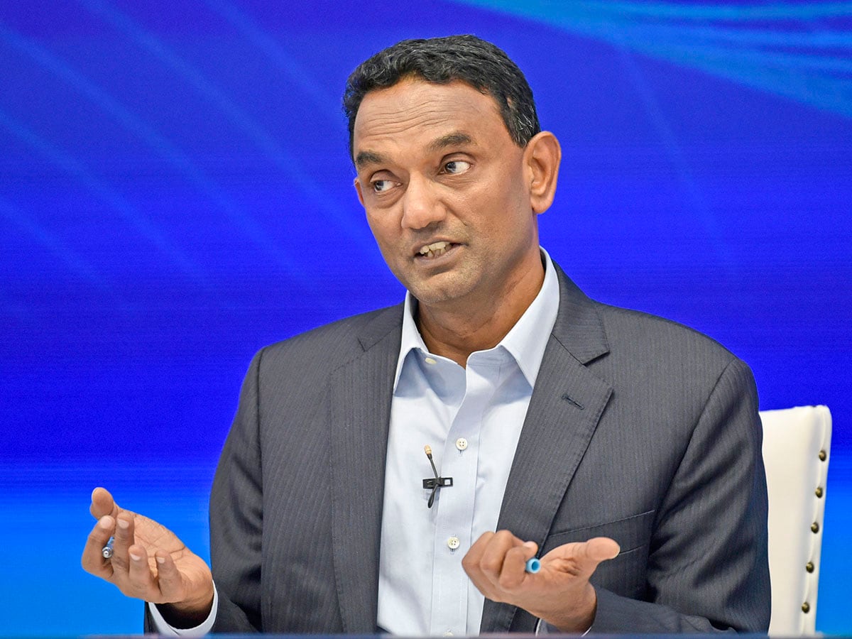 K Krithivasan, chief executive officer of Tata Consultancy Services Ltd., speaks during a Q4 earnings news conference in Mumbai, India, on April 10, 2025. Image: Indranil Aditya/NurPhoto via Getty Images