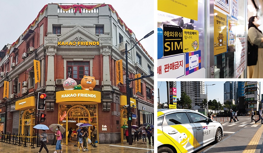 (Clockwise from left) A Kakao Friends store selling character merchandise such as Ryan (the lion) and the radish-in-rabbit clothing Muzi; Kakao Pay is accepted at stores throughout South Korea; a taxi operated by Korea Mobility
Image: Kakao friends, Getty Images; Bloombergv
