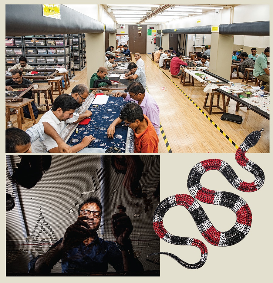 At Mumbai’s Adity Designs (above), Nitai Mehta, Sumangali Gada, and their team of designers experiment with different materials and techniques of embroidery. An artisan (left) works on a garment that takes several days before it arrives at one of the fashion capitals of the world
Image: Amit Verma
