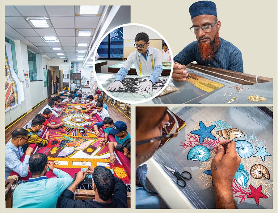 At Mumbai’s Milaaya Embroideries, multiple artisans embroider a section of tapestry (below) for a global event; adding embellishments is a precise and painstaking process (top right); an artisan creates a design swatch for a prospective client (right, below);quality control checks being conducted on finished garments (centre)
Image: Bajirao Pawar for Forbes India