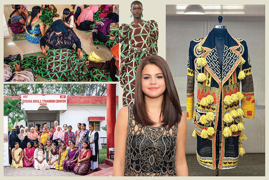 A model on the runway wearing a garment sewn by one of the many artisans employed at Pret Interpret, an export house in Bengaluru (left). International celebrities such as Michelle Obama, Jennifer Lopez, and Selena Gomez (below) have worn handcrafted garments made by these artisans for global fashion labels. All garments made at Pret Interpret have the ‘Made in India’ label stitched on to them (top right). Hand-knitted trims using organic naturally dyed wool added to the garment (right); Stitch in Time is a corporate outreach programme that empowers women by training them in heritage craft skills, thus preserving and promoting it (left)