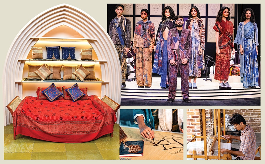 (Clockwise from right) Zaid Khatri (in centre), a graduate of Somaiya Kala Vidya shares the ramp with models while presenting his work at the Lakme Fashion Week X FDCI this March in Mumbai; an artisan at an SKV workshop; SKV’s Design Craft store (below)