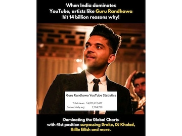 Guru Randhawa hits 14B YouTube views, surpasses Drake & Dua Lipa