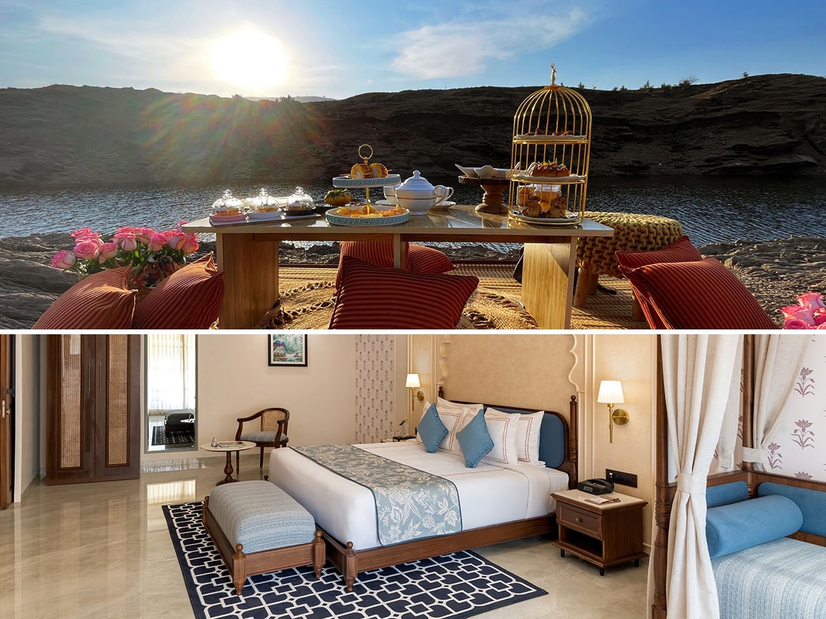 Picnic by the Alsigarh lake(top).  Traditional elements such as marble inlay and fabric-printed floral headboards complement contemporary bed structures in the Aravalli Suite Image: (top)Veidehi Gite; Room:Courtesy Sayaji Hotels