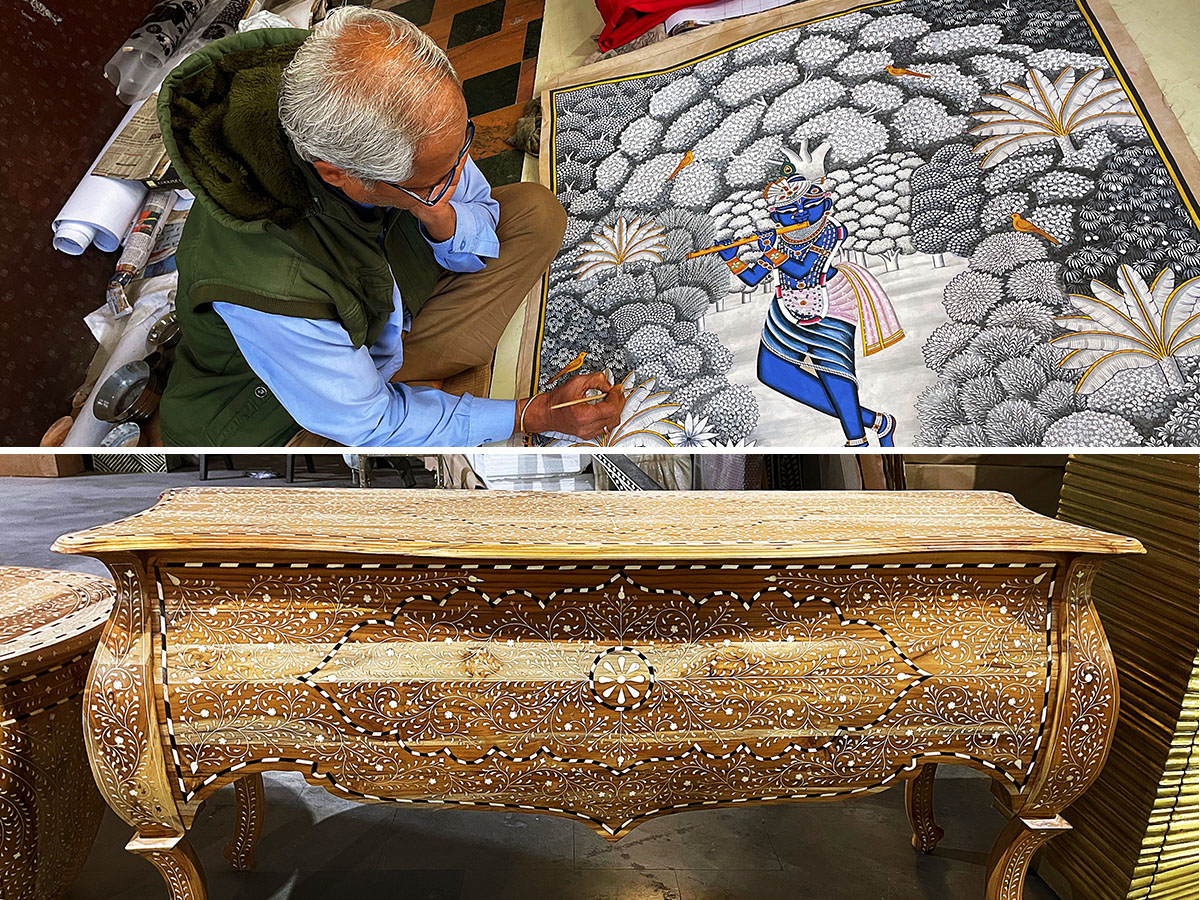 Pichwai artist Arun Sharma painstakingly applies natural pigments, taking weeks or months on Nathdwara’s traditional art (top). A luxury coffee table with floral motifs crafted at a bone inlay workshop.
Image: Veidehi Gite