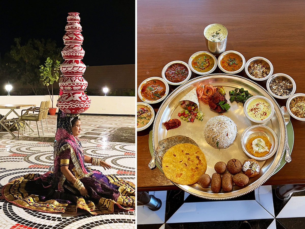 A Rajasthani woman from a snake charming tribe performs ‘Kalbelia’ dance with pots on her head (left). The royal Rajasthani Thali, an opulent spread that exemplifies the legendary hospitality of Mewar.
Image: Veidehi Gite