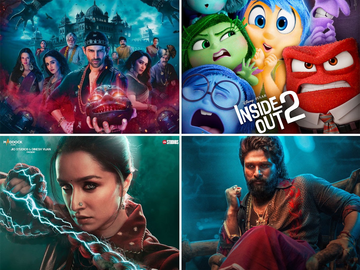 Money spinning franchises (clockwise from above left) Kartik Aaryan in Bhool Bhulaiyaa 3;  US’ highest grossing Inside Out 2; Allu Arjun in Pushpa 2Shraddha Kapoor in Stree 2.
