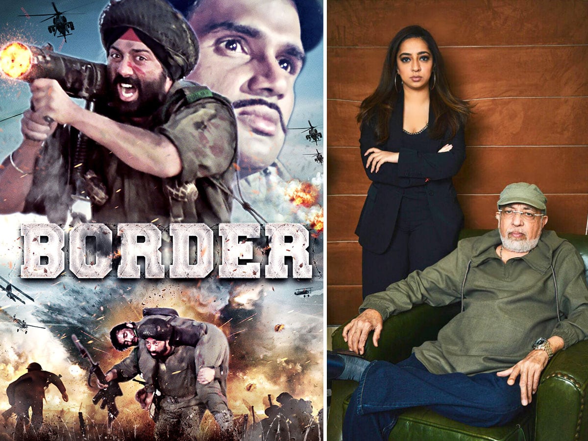 The poster of the 1997 war film Border, written, produced and directed by JP Dutta.  Border 2, currently being shot, is produced by Nidhi Dutta, seen here with father J P Dutta.