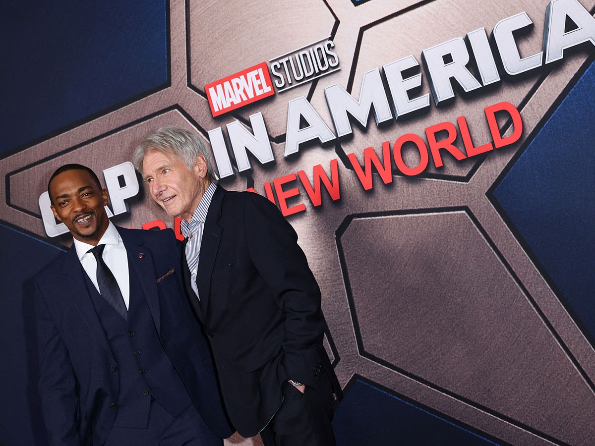 US actors Harrison Ford (R) and Anthony Mackie attend the world premiere of Marvel Studios' 