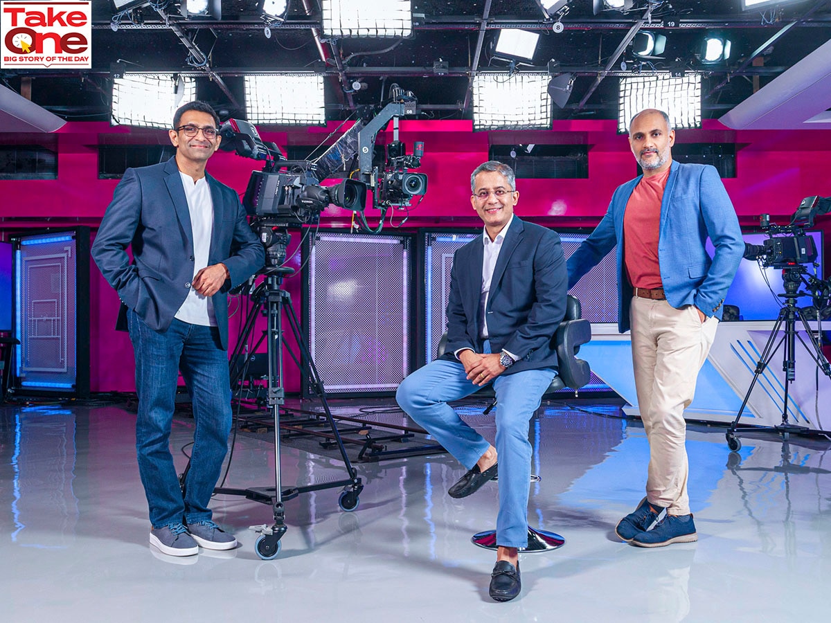 (From left)Kiran Mani, CEO - Digital, Kevin Vaz, CEO Entertainment / Business TV & Digital, Sanjog Gupta, CEO - Sports, JioStar. Photographed at JioStar office, Prabhadevi, Mumbai.                   
Image: Bajirao Pawar for Forbes India