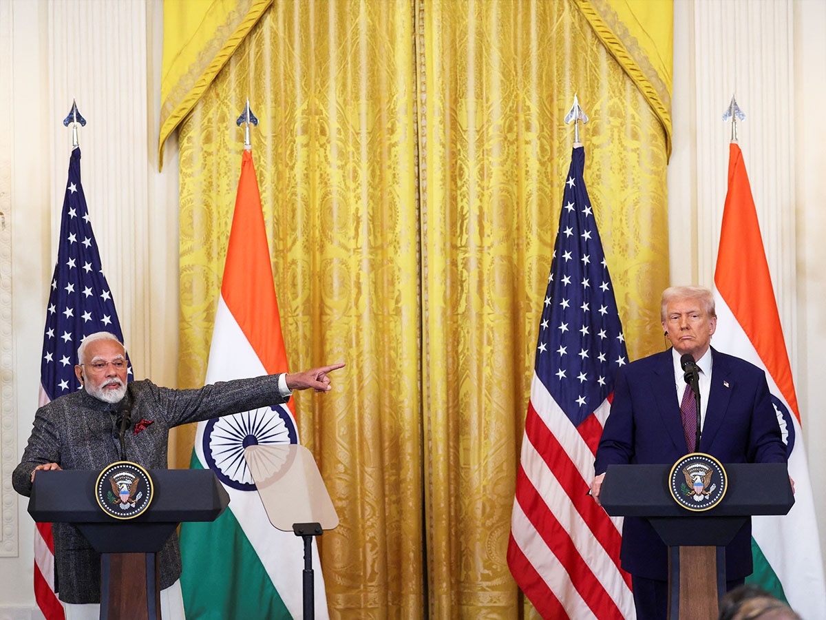 Indian Prime Minister Narendra Modi gestures during a joint press conference with U.S. President Donald Trump at the White House in Washington, D.C., U.S., February 13, 2025. REUTERS/Kevin Lamarque