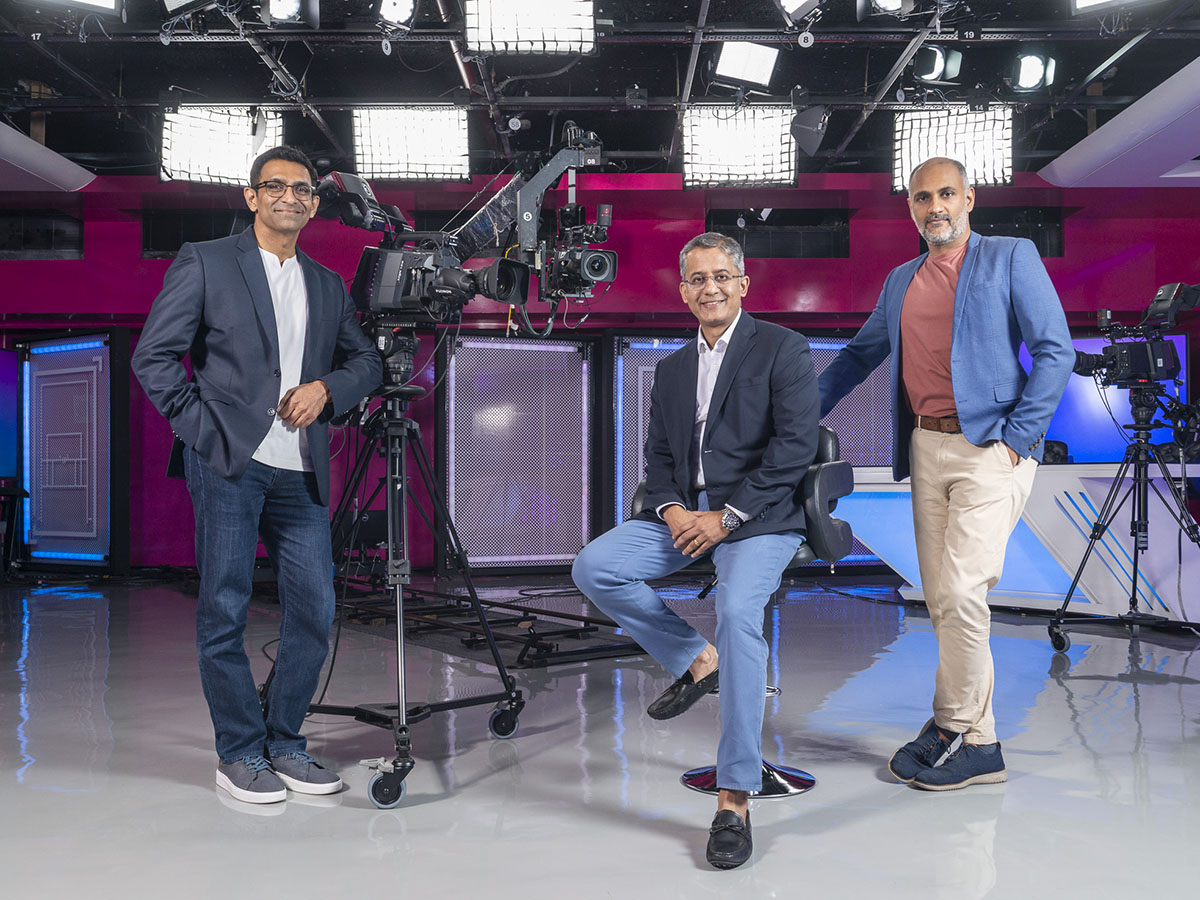 (From left)Kiran Mani, CEO - Digital; Kevin Vaz, CEO - Entertainment; Sanjog Gupta, CEO - Sports, JioStar. Photographed at JioStar office, Prabhadevi, Mumbai. Image: Bajirao Pawar for Forbes India