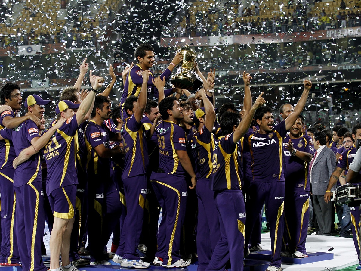 Kolkata Knight Riders pose with the Indian Premier League season 5 trophy at MA Chidambaram stadium  on Sunday, May 27, 2012 in Chennai, India.  In an exciting finals Kolkata Knight Riders beat reigning champions Chennai Super Kings. Photo by Virendra Singh Gosain/ Hindustan Times via Getty Images