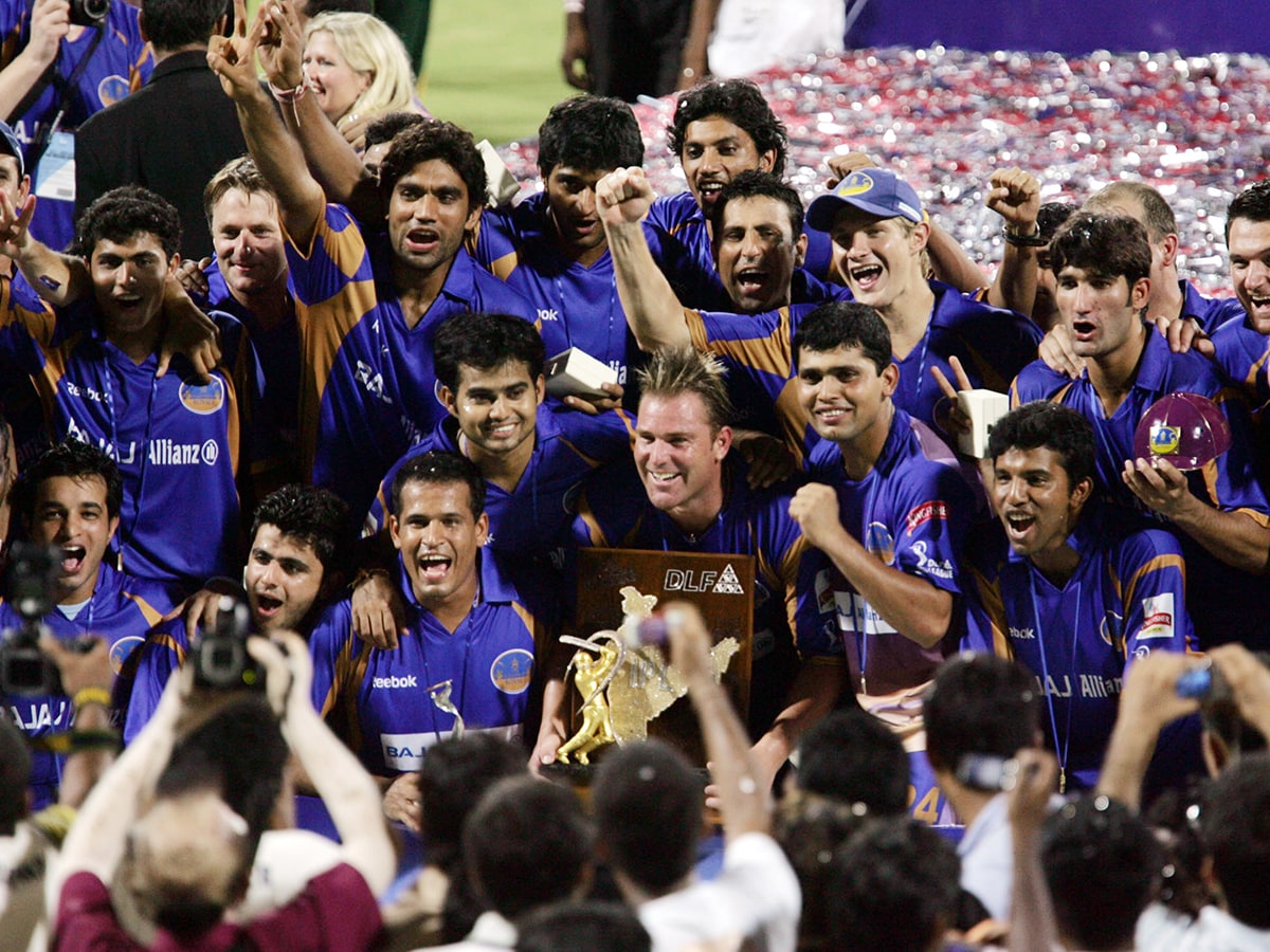 The Rajasthan Royals team celebrate with the IPL trophy after their win over Chennai in the final of IPL 1 at D.Y. Patil stadium on June 1, 2008 in Mumbai, India. Photo by Santosh Harhare / Hindustan Times via Getty Images