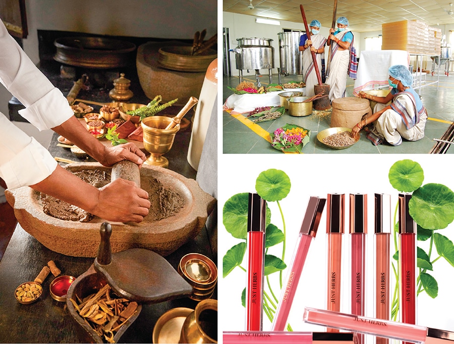 (Clockwise from left) Making of Kalka, a traditional herbal paste, at Kama Ayurveda; making of ubtans at Forest Essentials’ Lodsi workshop; Just Herbs’ range of plant-powered glass lip ink with cica and sweet almond oil