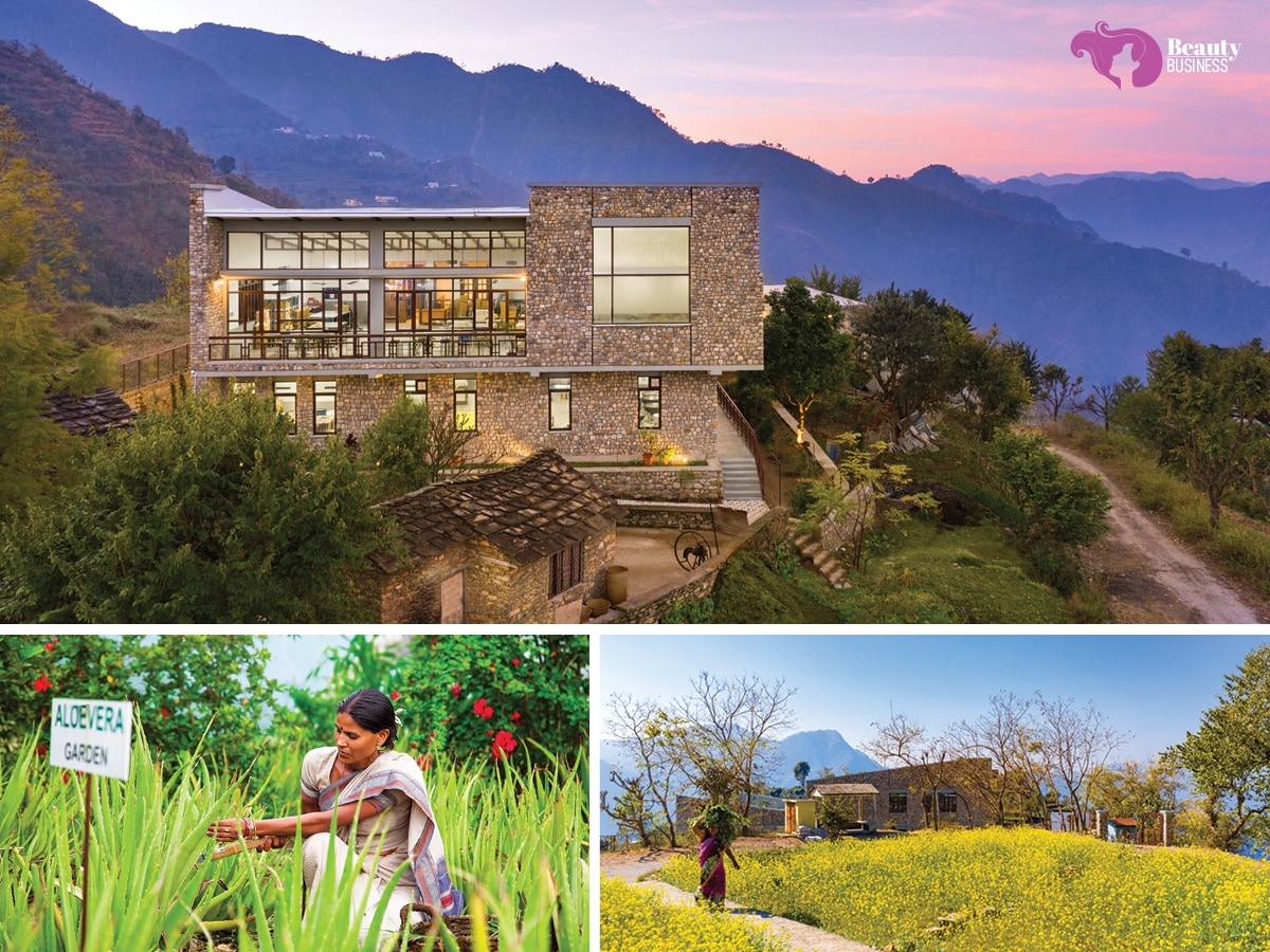 At the manufacturing workshop of Forest Essentials in Lodsi, Uttarakhand, electricity is generated by roof-mounted solar panels and a rainwater tank takes care of the facility’s water requirements; (below) ingredients are sourced from organic farms